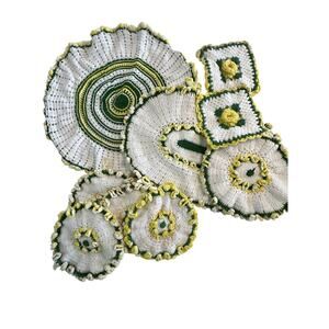 Crocheted Handmade Doily, Placemat, pot Holder Yellow Green Roses 9piece STAINS